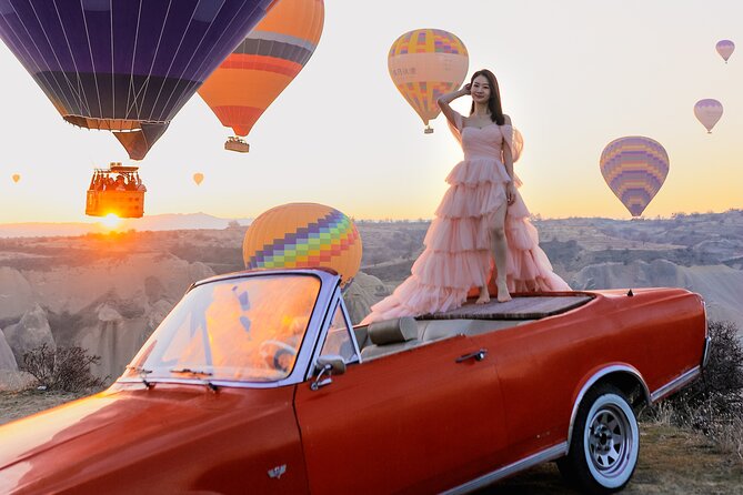 Cappadocia Private Photo Shoot with Flying Dress & Vintage Car - Three locations, one vintage-car route