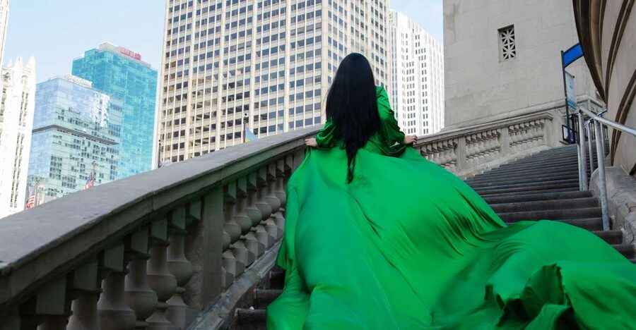 Chicago Luxury Flying Dress Photoshoot - Meeting at The Chicago Theatre