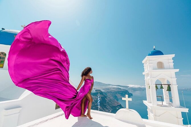 Exclusive Santorini Flying Dress Photoshoot with Pickup - Starting with pickup in a Mercedes van or Range Rover