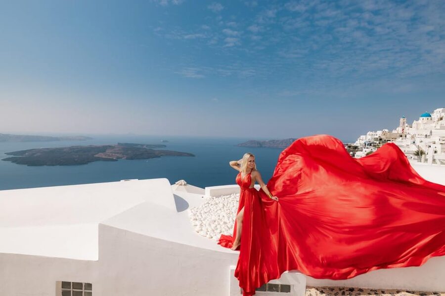 Flying dress Photoshoot in Santorini with Hotel Pickup - Pickup, Timing, and the Fira Schedule