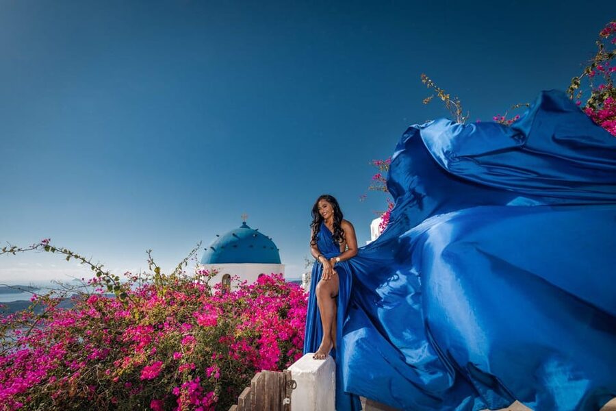 Flying dress Photoshoot in Santorini with Hotel Pickup - Imerovigli, Blue Domes, and Caldera Views