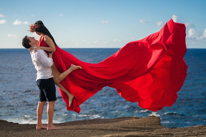 Flying Dress Photoshoot on Oahu - Walking across volcanic rock