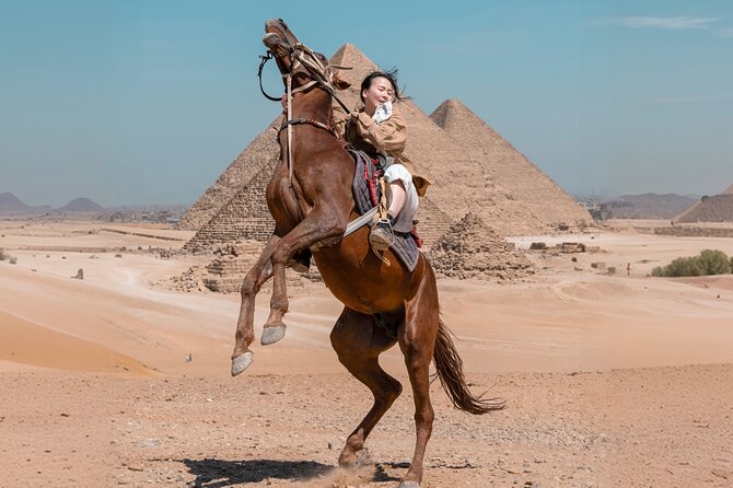 Giza Pyramids Photoshoot with Jumping Horse, Camel and Sphinx - The panoramic viewpoint, camel, and jumping horse