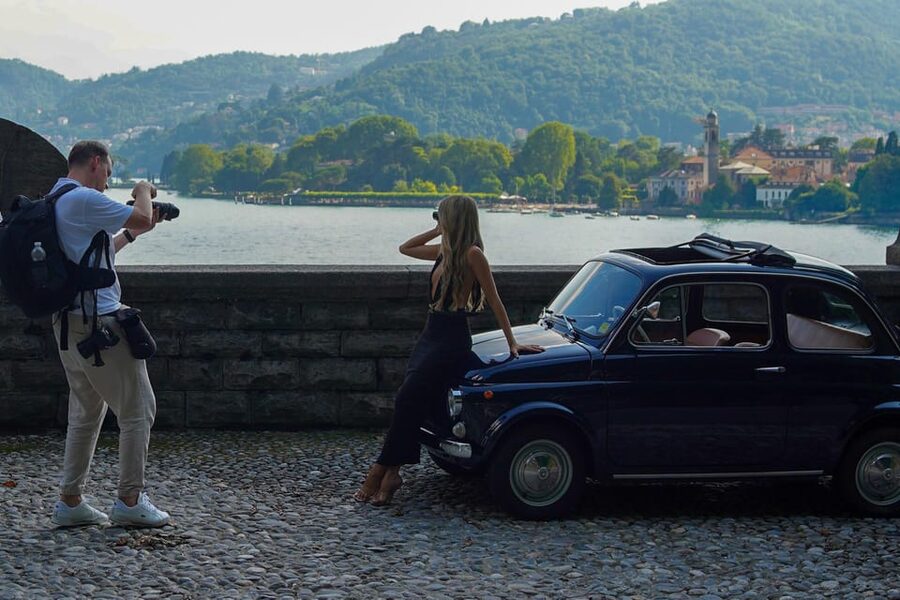 Lake Como: 2hr Photo Tour in a Classic Fiat 500 - A village square brings in church and café life