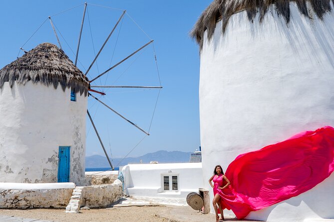 Mykonos: Flying Dress Photoshoot - Little Venice and the guest appearance of a pelican