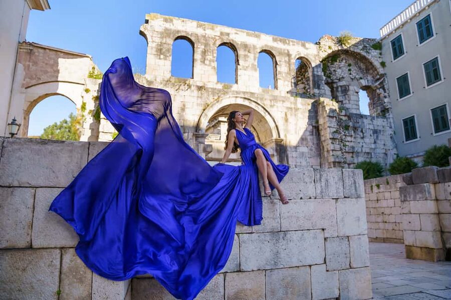 Private Flying Dress Photo Session in Split, Croatia - Diocletian’s Palace for stone, palms, and city energy