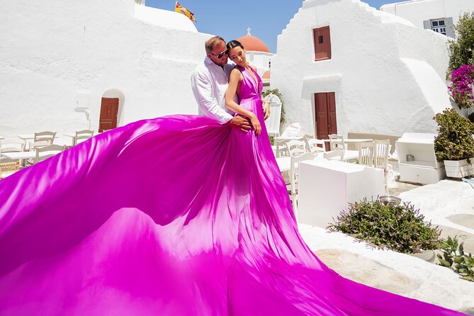 Private Flying Dress Photoshoot in Mikonos - Bougainvillea streets and traditional town views