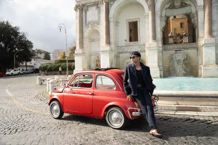 Rome: Photography service with Classic car fiat 500 - Fontana dellAcqua Paola supplies the Baroque backdrop