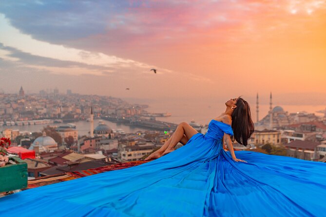 Rooftop Flying Dress Photo Shoot in Istanbul - A rooftop photo session with Istanbul in the background