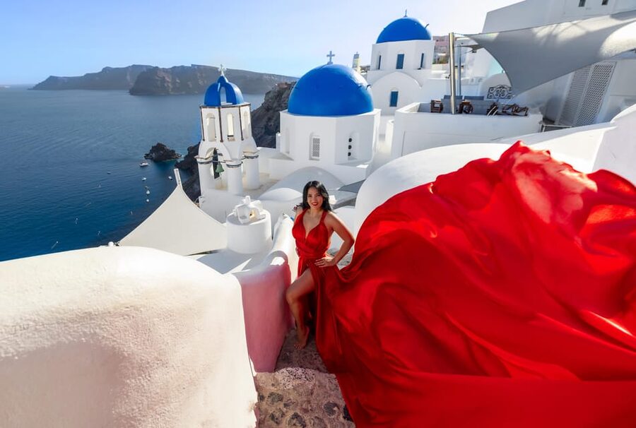 Santorini 1-Hour Private Flying Dress Photoshoot Blue Domes - What you receive after the camera stops