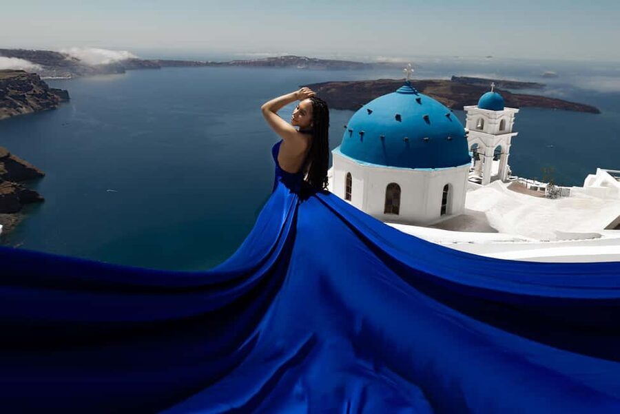 Santorini 1-Hour Private Flying Dress Photoshoot Blue Domes - Blue domes, white lanes, and caldera views