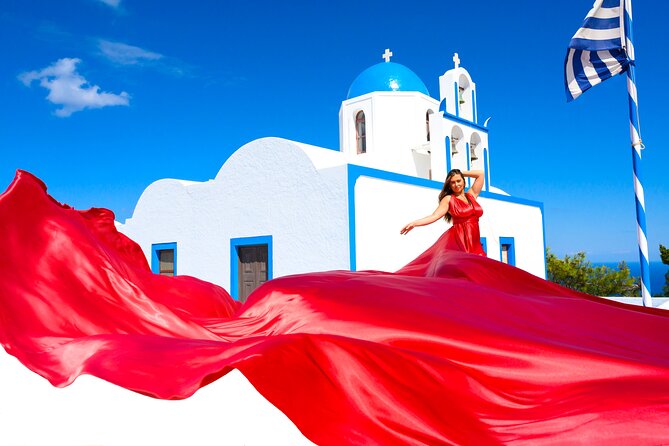 Santorini 2h Private Flying Dress Photoshoot with Transportation - Firostefani gives you bells, walls, and caldera views