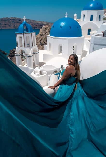 Santorini: Flying Dress Photoshoot Private Entry to Blue Dom - Key points at a glance