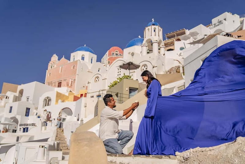 Santorini: Flying Dress Photoshoot Private Entry to Blue Dom - How Habibi handles posing and nerves