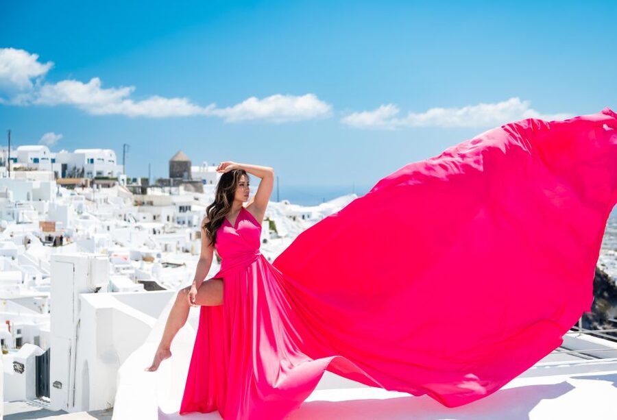 Santorini: Proffessional Flying Dress Photoshoot - Sun, stairs, and practical comfort