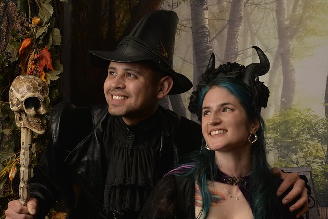 Witch Costume Photo Shoot - Olde Salem Village theatrical set - Posing on the Olde Salem Village set